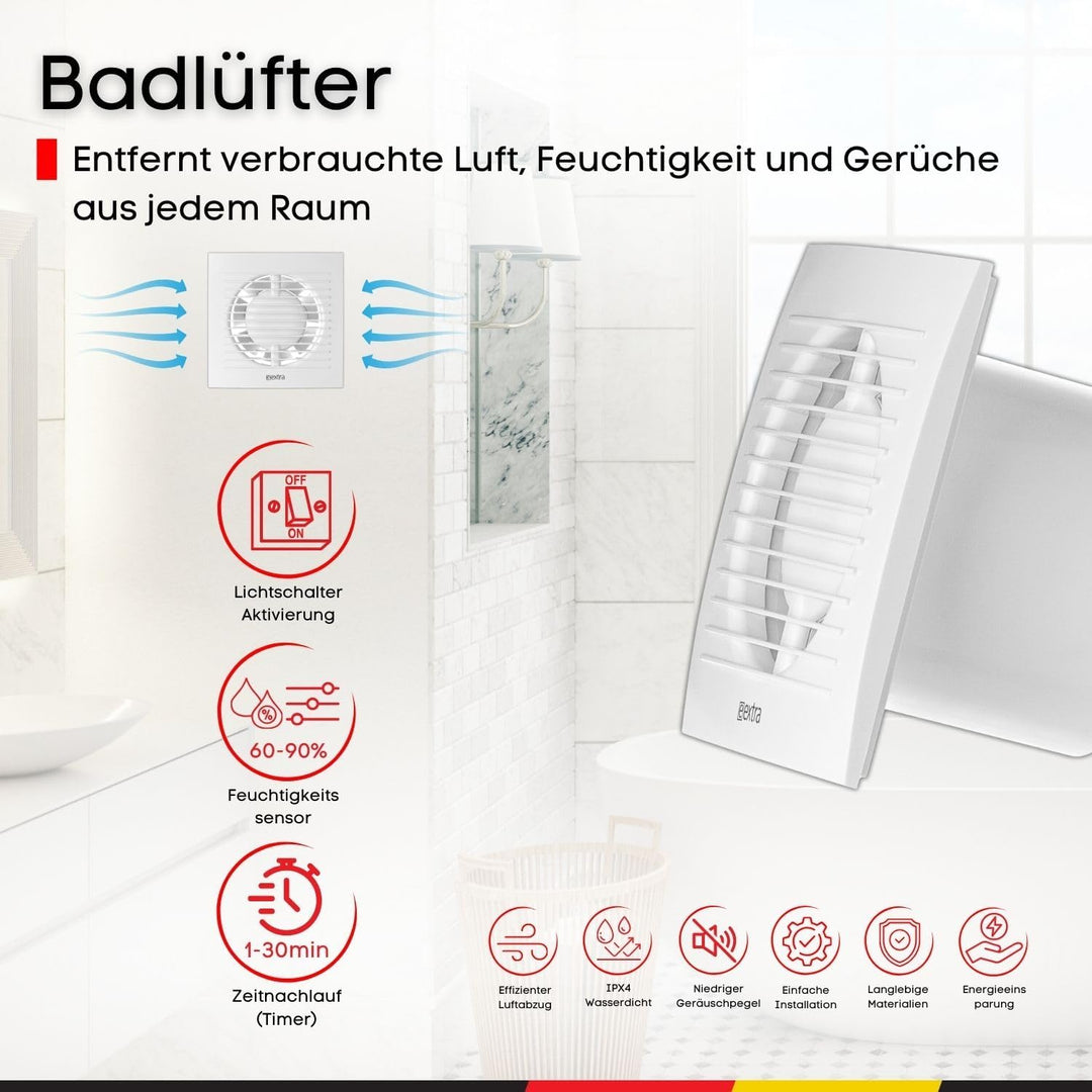 Steinberg14 Badlüfter Ø 125mm mit Feuchtigkeitssensor und Zeitnachlauf (Timer) - Weiss Ventilator Ø