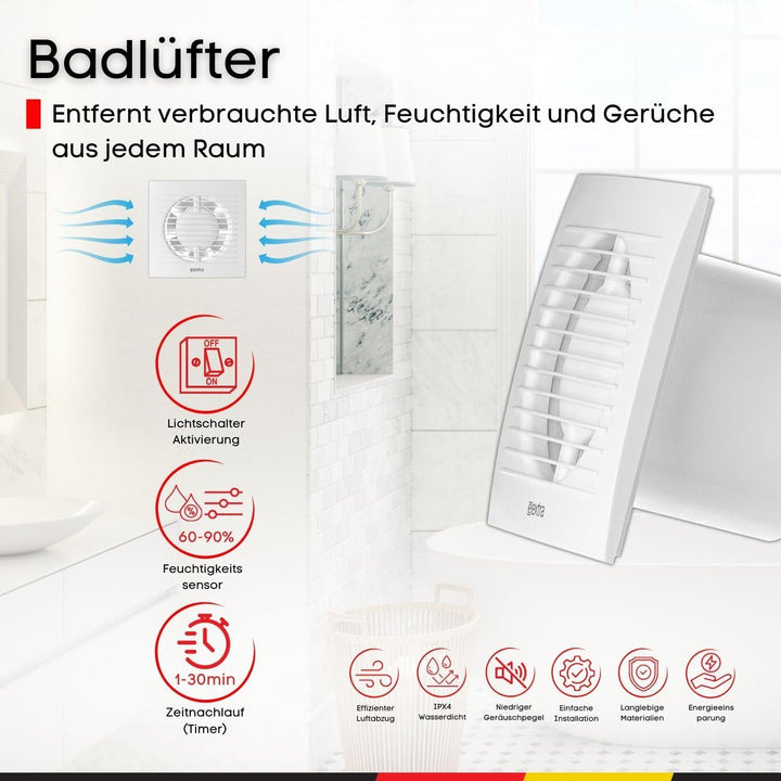 Steinberg14 Badlüfter Ø 125mm mit Feuchtigkeitssensor und Zeitnachlauf (Timer) - Weiss Ventilator Ø