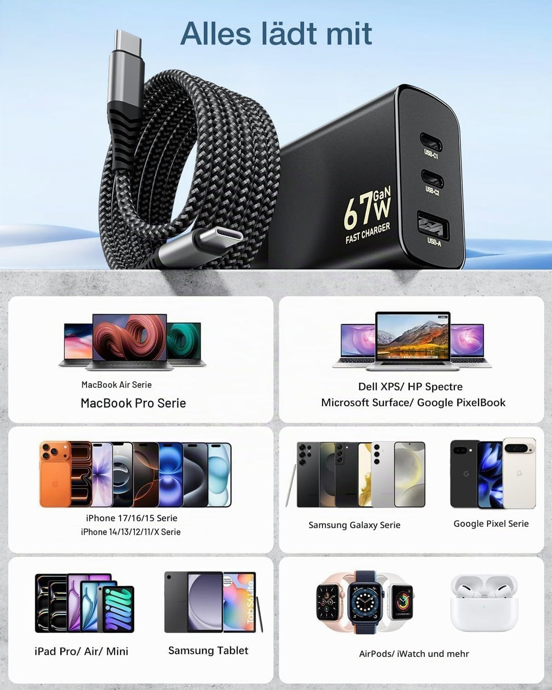 USB C Ladegerät 67W,3-Port GaN Schnellladegerät,Laptop Charger mit Kabel 2M Schwarz, Schwarz