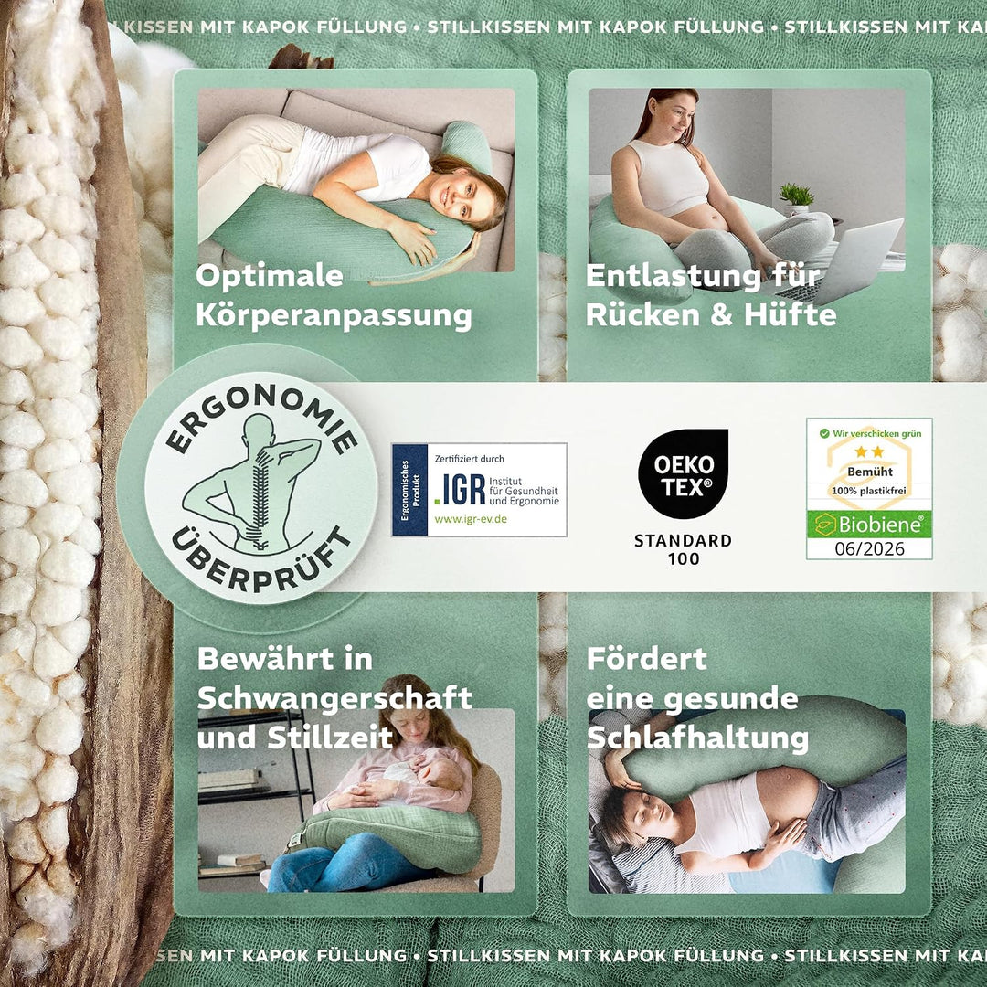 sei Design Stillkissen XXL 190x35 cm, Natur Kapok, Musselin Bezug aus Bio-Baumwolle, Schwangerschaft