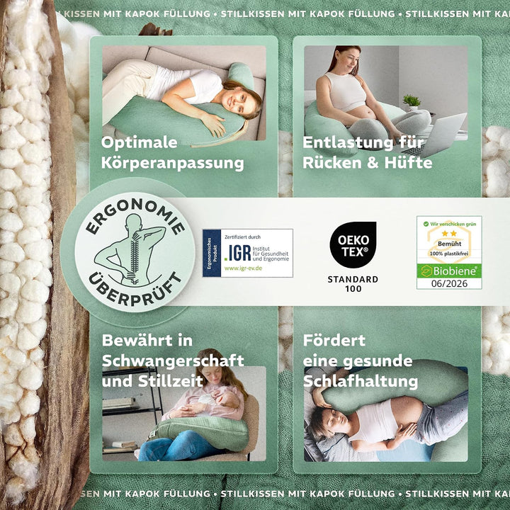 sei Design Stillkissen XXL 190x35 cm, Natur Kapok, Musselin Bezug aus Bio-Baumwolle, Schwangerschaft