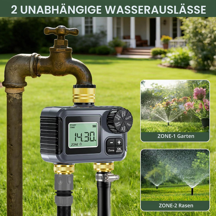 IPX5 Bewässerungscomputer 2 Ausgänge,Messing-Einlass und -Auslass,Automatische Bewässerung Wasser Ze