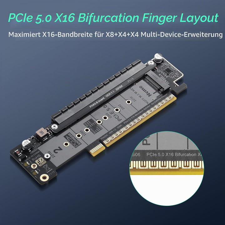 SinLoon PCIe 5.0 X16 Erweiterungskarte, PCIe Bifurcation Riser Card, Teilt X16 Slot in X8+X4+X4, Unt