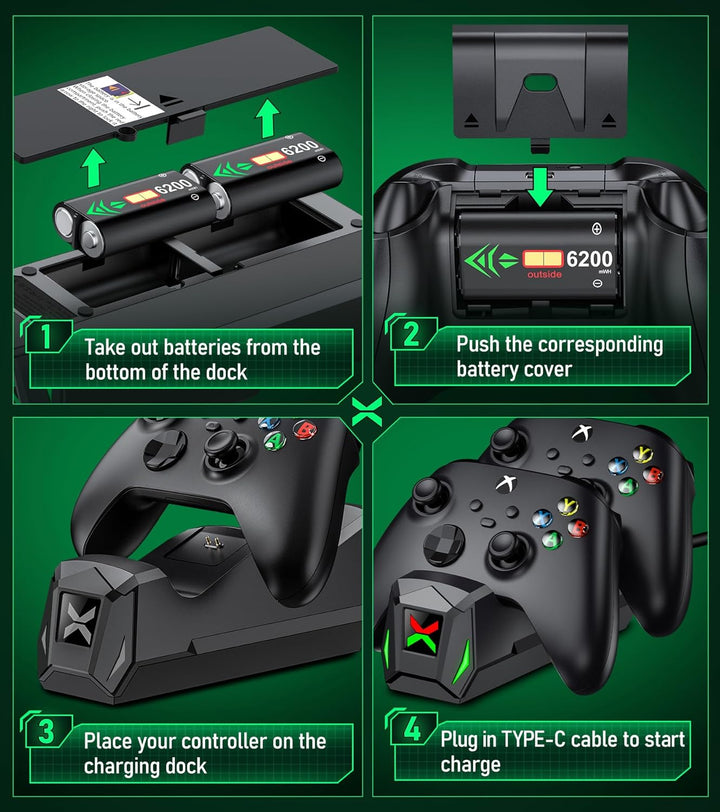 Controller-Ladestation mit 2 x 2550 mAh wiederaufladbaren Akkus für Xbox One/Series X|S Controller,