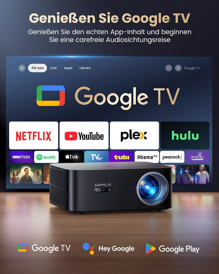 Beamer 4K [1300 ANSI|Google TV] FHD 1080P Beamer 4K Unterstützt, Autofokus Auto Trapezkorrektur 20W