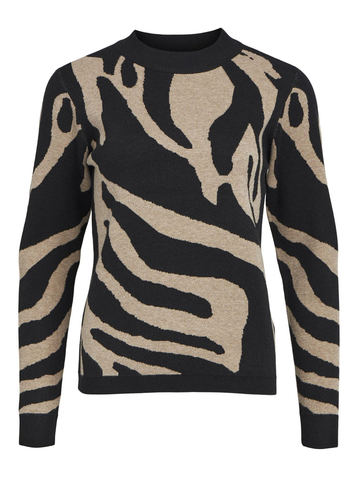 Object Damen Objray L/S Knit Pullover AOP Noos Strickpullover XS Black/Aop:fossil Big Animal Jaquard