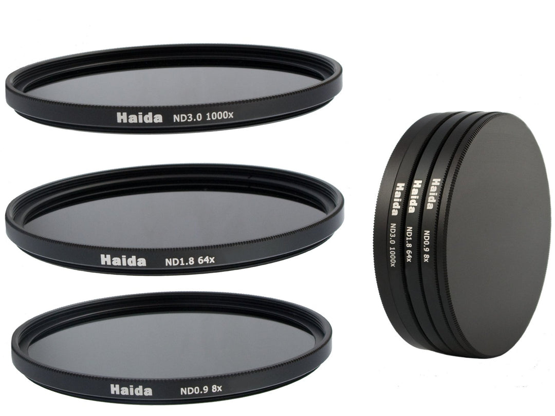 Neutral Graufilter Set bestehend aus ND8x, ND64x, ND1000x Filtern 67mm inkl. Stack Cap Filtercontain