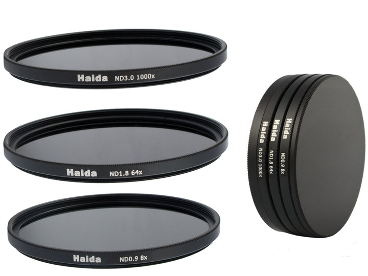 Neutral Graufilter Set bestehend aus ND8x, ND64x, ND1000x Filtern 67mm inkl. Stack Cap Filtercontain