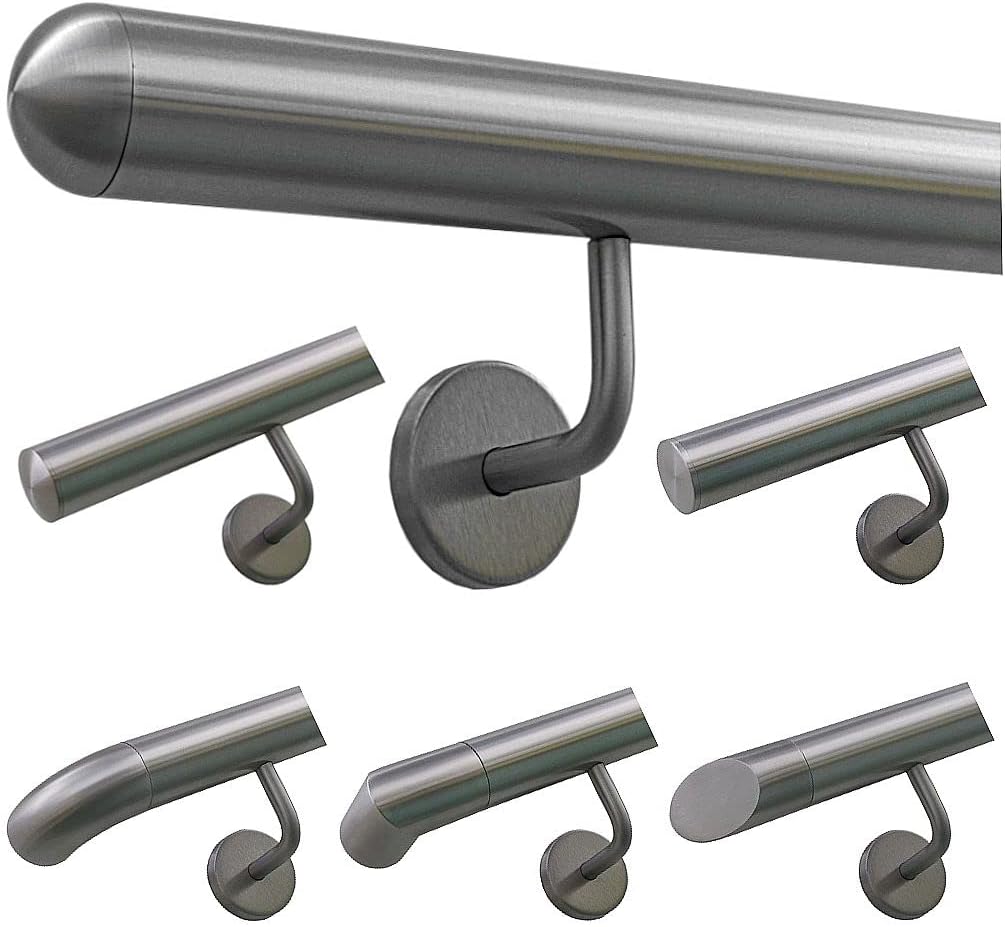 TIBU Handlauf Edelstahl 33,7 mm Geländer 0,3m - 6m, Länge 120 cm, Ende halbrunde Kappe und gewinkelt