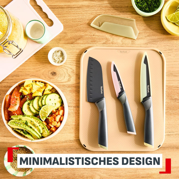 Tefal Slicy 3-tlg. Messer-Set, Soft Touch Griff, Schwarz/Pastellfarben Santokumesser + Universalmess