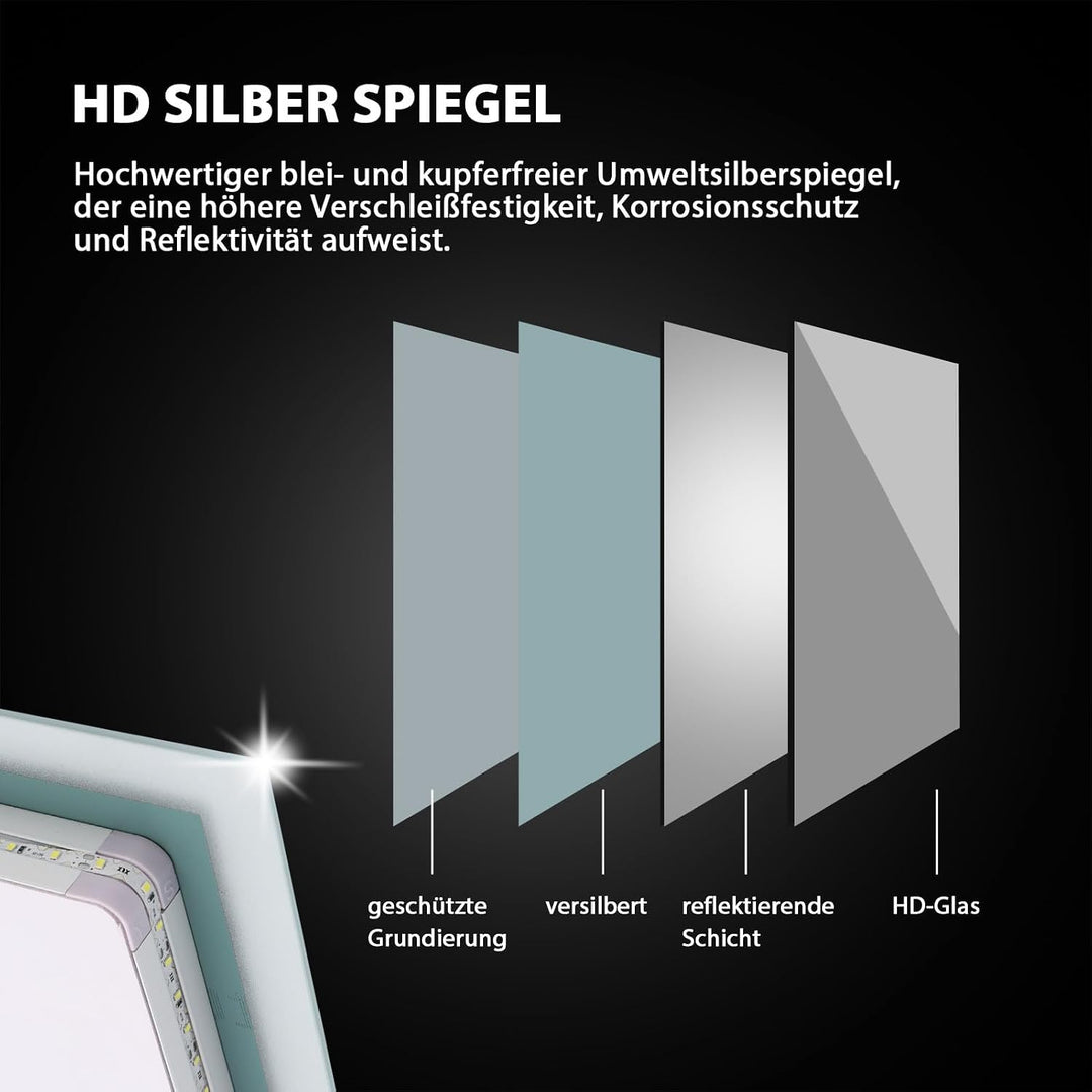 LED Badspiegel mit Beleuchtung, 60x50cm Wandspiegel Badezimmerspiegel mit Touch-Schalter Kaltweiss 6
