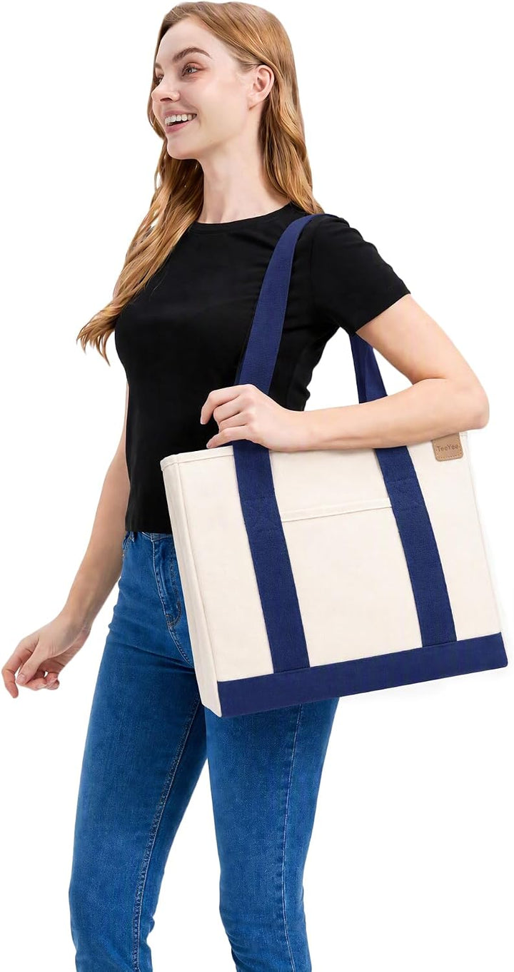 Damen Mittelgross Handtasche Canvas Satchel Tote Bag Schultertasche Shopper für Bücher Alltag Arbeit