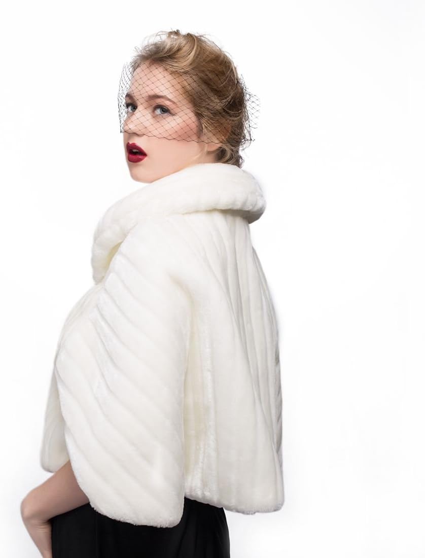 BEAUTELICATE Kunstpelz Bolero Schal Stola Pelz Cape Damen Braut Elfenbein Brautschal Brautjacke fur