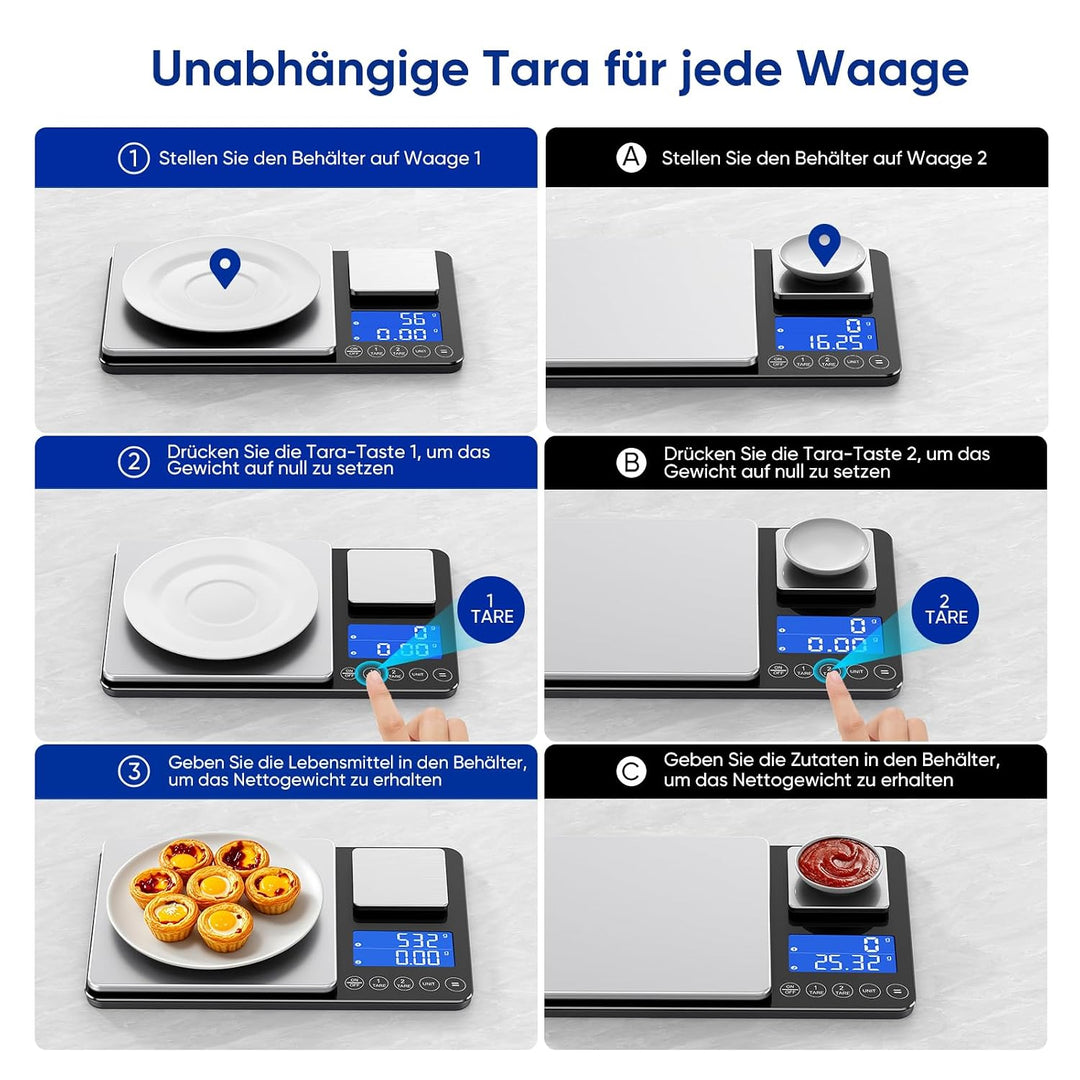 Küchenwaage Digital 15 kg / 0,01 g, Hochpräzise Zweibereichs Waage Küche mit Addierfunktion, Tara-Fu