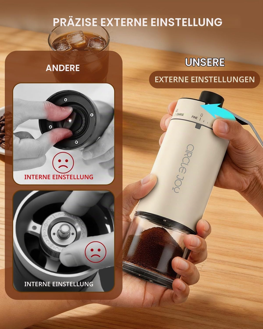 CIRCLE JOY Tragbare Manuelle Kaffeemühle mit keramischem Konischem Frässtift und 40 Externen Einstel