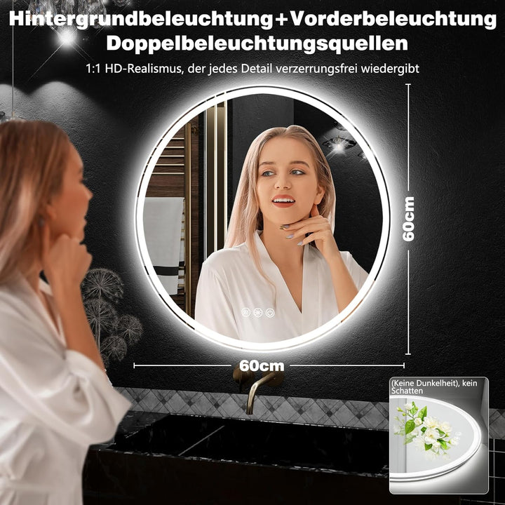60cm Runde LED Badezimmerspiegel mit Beleuchtung, Dimmbar &amp; 3 Farben – Front- &amp; Hintergrundbeleuchtu