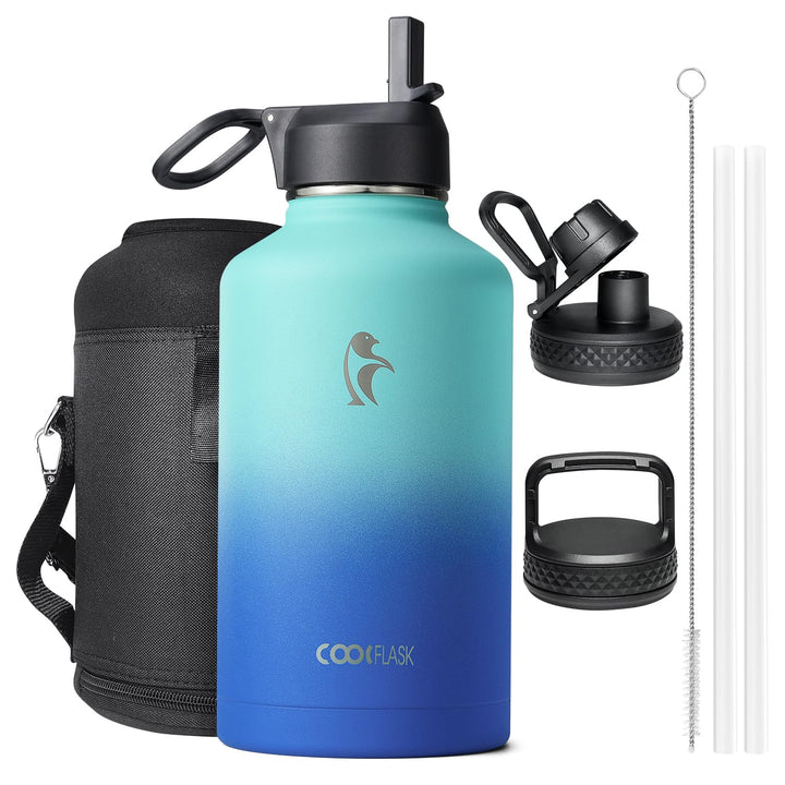 Isolierte Wasserflasche 2L, Coolflask Wasserflasche mit Strohhalm &amp; 3 Deckeln, Edelstahl Isolierte t