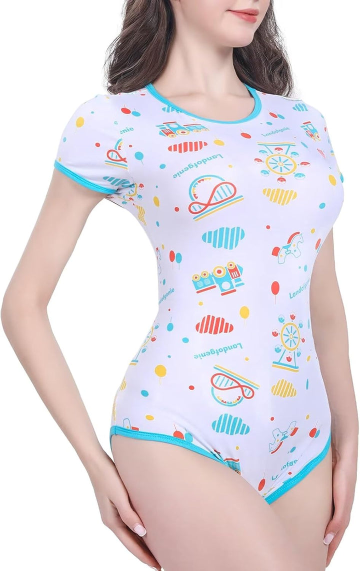 Landofgenie Damen Bodysuit Baumwolle Onesie Nette Print Pyjamas Nachtwäsche Blau Vergnügungspark Bla