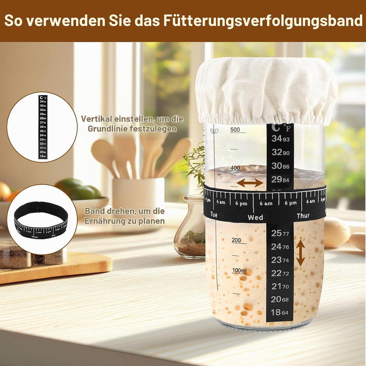 Sauerteig Starter Set, 730ML Fermentationsglas, Gärglas mit Silikonspatel, Sauerteig Glas, Brot Back