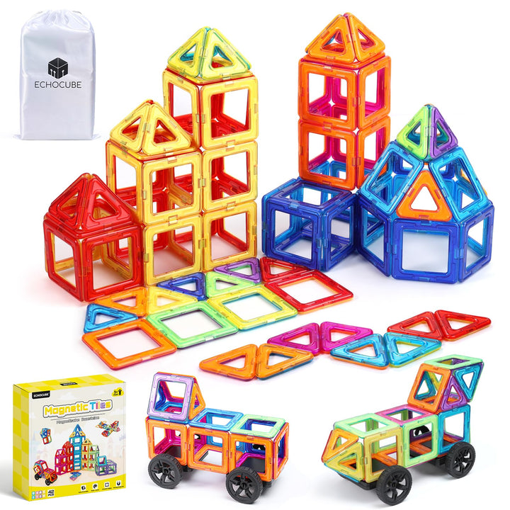 ECHOCUBE 42 Stück Magnetische Bauklötze Set, STEM Construction Spielzeug für Kinder 36+ Monate, Educ