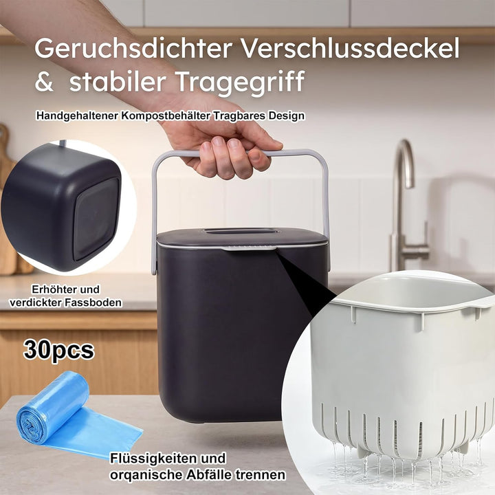 Biomülleimer Küche - 4L Komposteimer küche mit Deckel und Herausnehmbarer Sieb, Geruchsdicht Mülleim