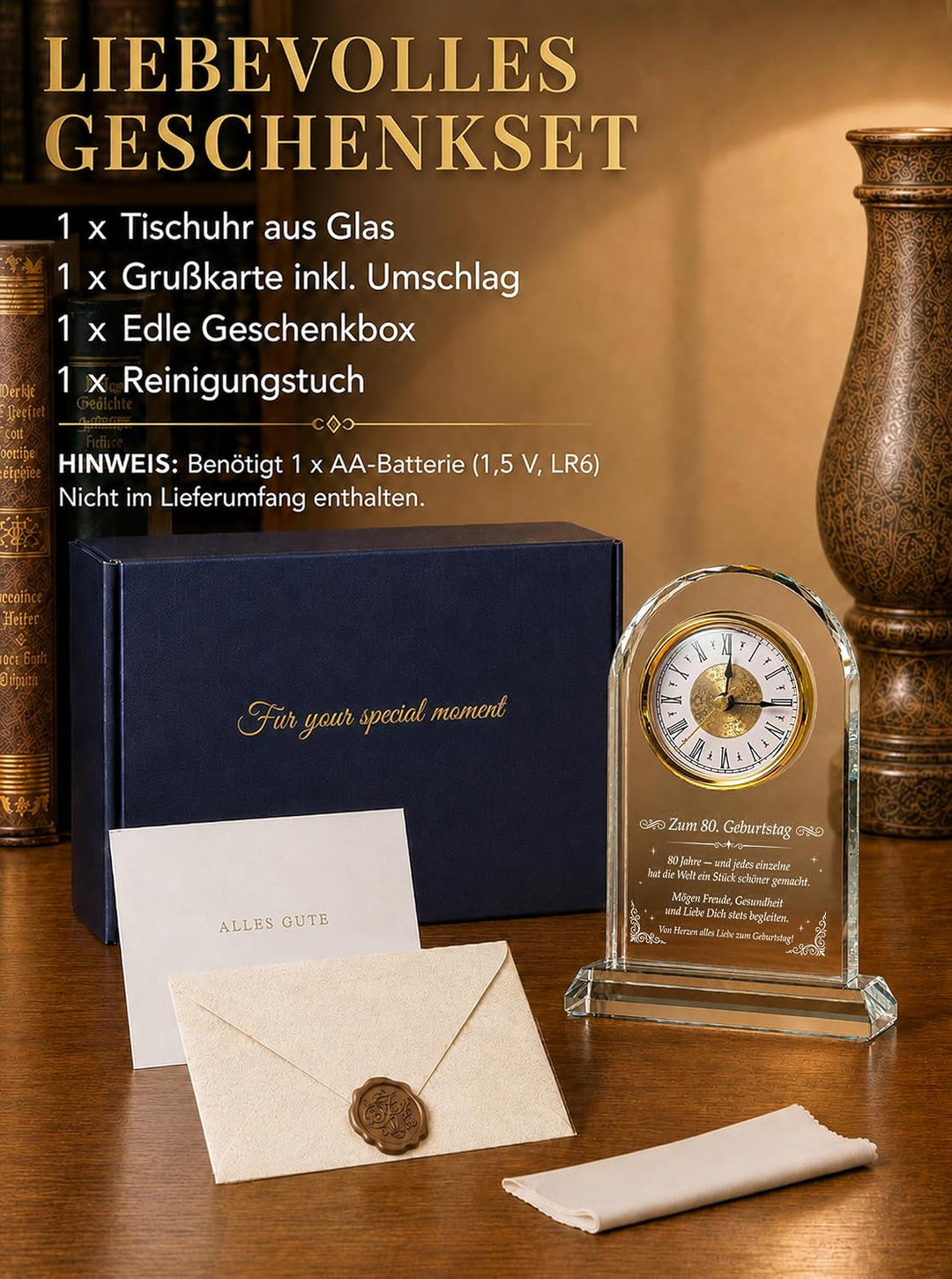 Geschenk 80. Geburtstag Frau &amp; Mann - Glas Tischuhr mit Gravur, 80. Geburtstag