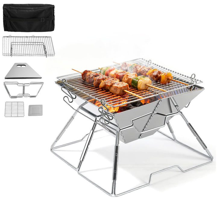 Mini Campinggrill Klappbar 31x31cm Holzkohlegrill Edelstahl Tragbarer Grill mit Tragetasche, Kleiner
