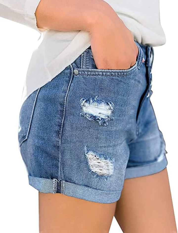 Necooer Damen Casual Ripped Denim Shorts Mittlere Taille Kurze Jeanshose mit Taschen S Hellblau 04,