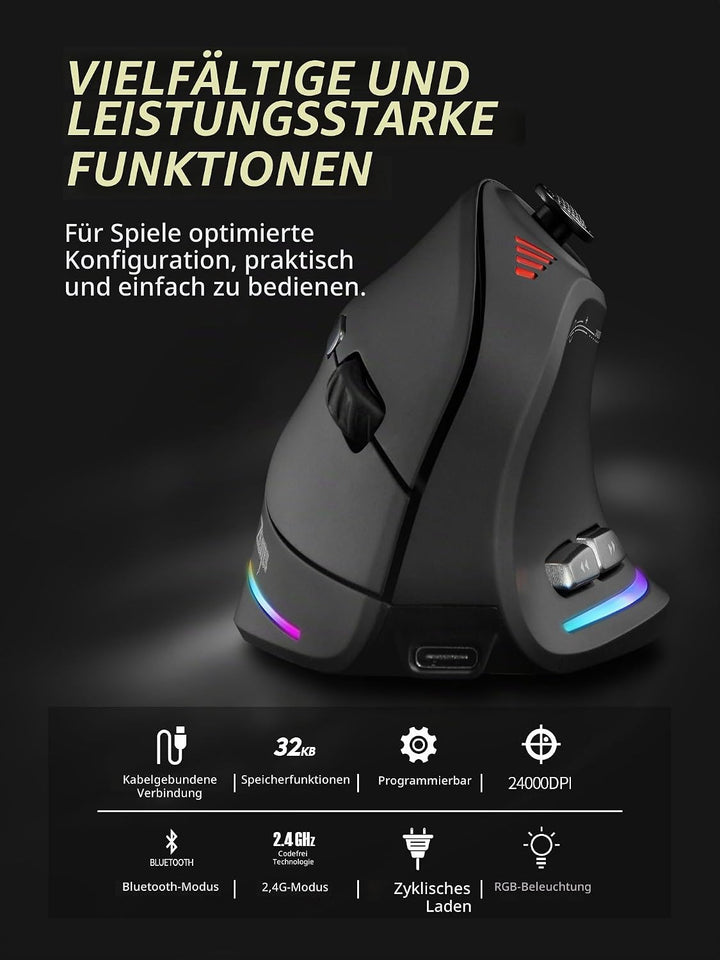 Kabellose Ergonomische Maus mit Joystick, vertikale Bluetooth-Gaming-Maus, 12 programmierbare Tasten