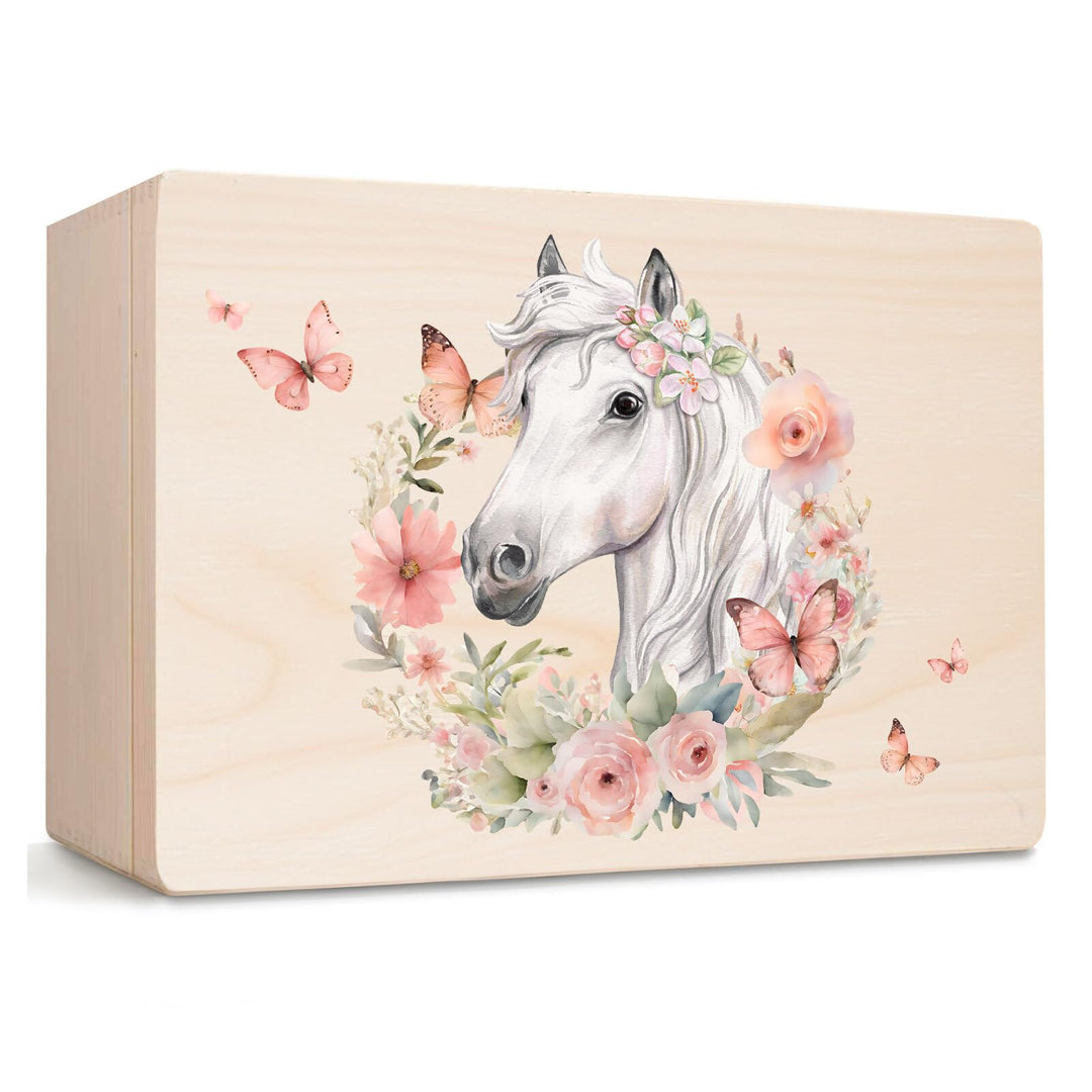 Little Deco Baby Erinnerungsbox Holzkiste mit Pferd &amp; Blumenkranz | M - 30 x 20 x 13 cm | Ideal zur