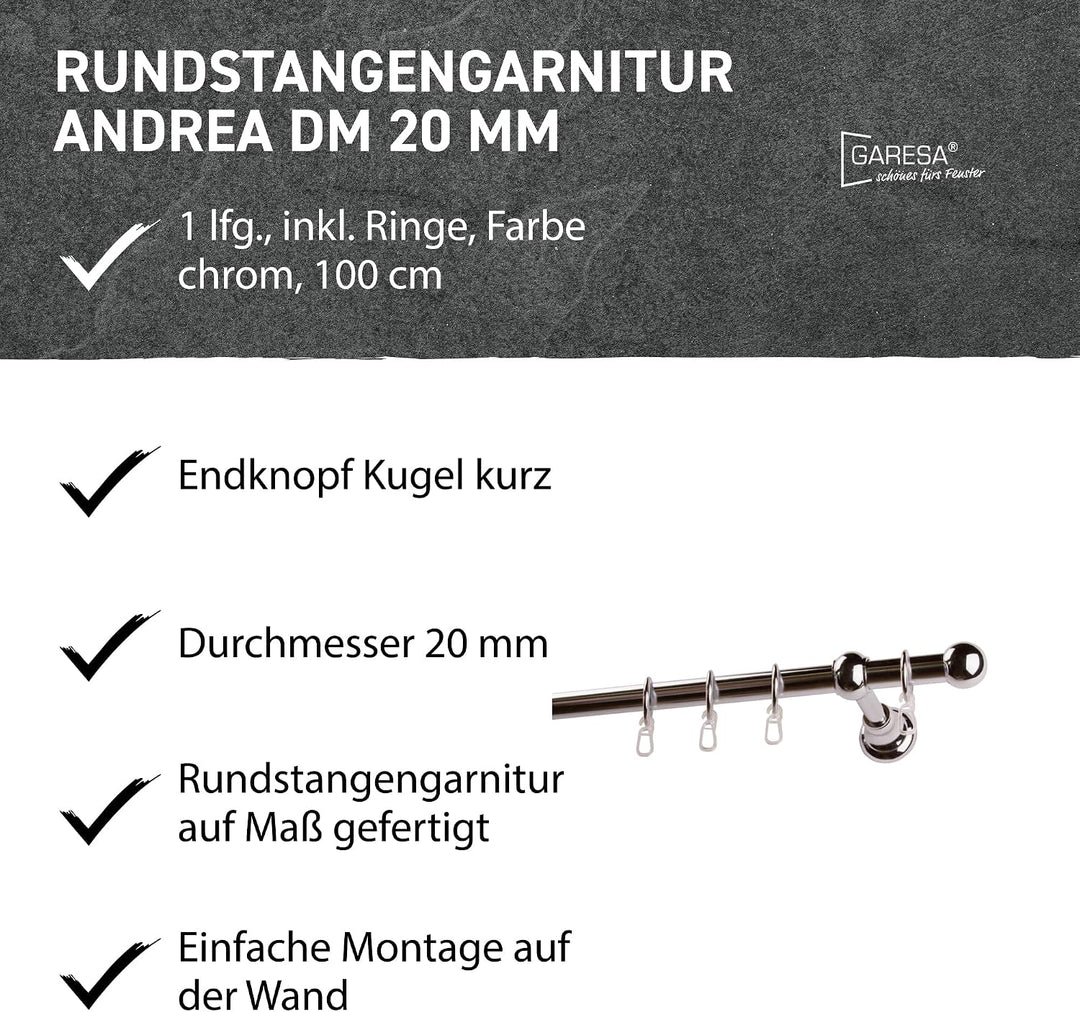 Garesa Gardinenstange Andrea Ø 20mm, 1-läufig, Chrom I Stabile Vorhangstange inkl. Ringe + Faltenleg