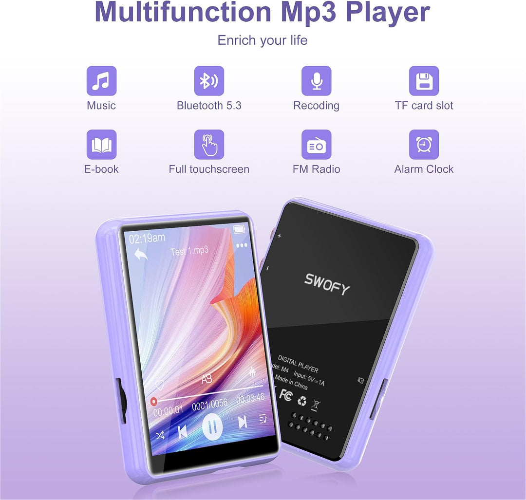 SWOFY 64GB MP3 Player Bluetooth 5.3, HiFi Musikplayer mit 2,4 Zoll Touchscreen, Integrierter Lautspr