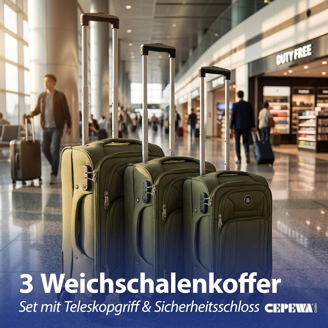 Cepewa Kofferset 3er Set aus Stoff | Oliv 3 Grössen Nylon | Teleskopstange Doppelrolle Zahlenschloss
