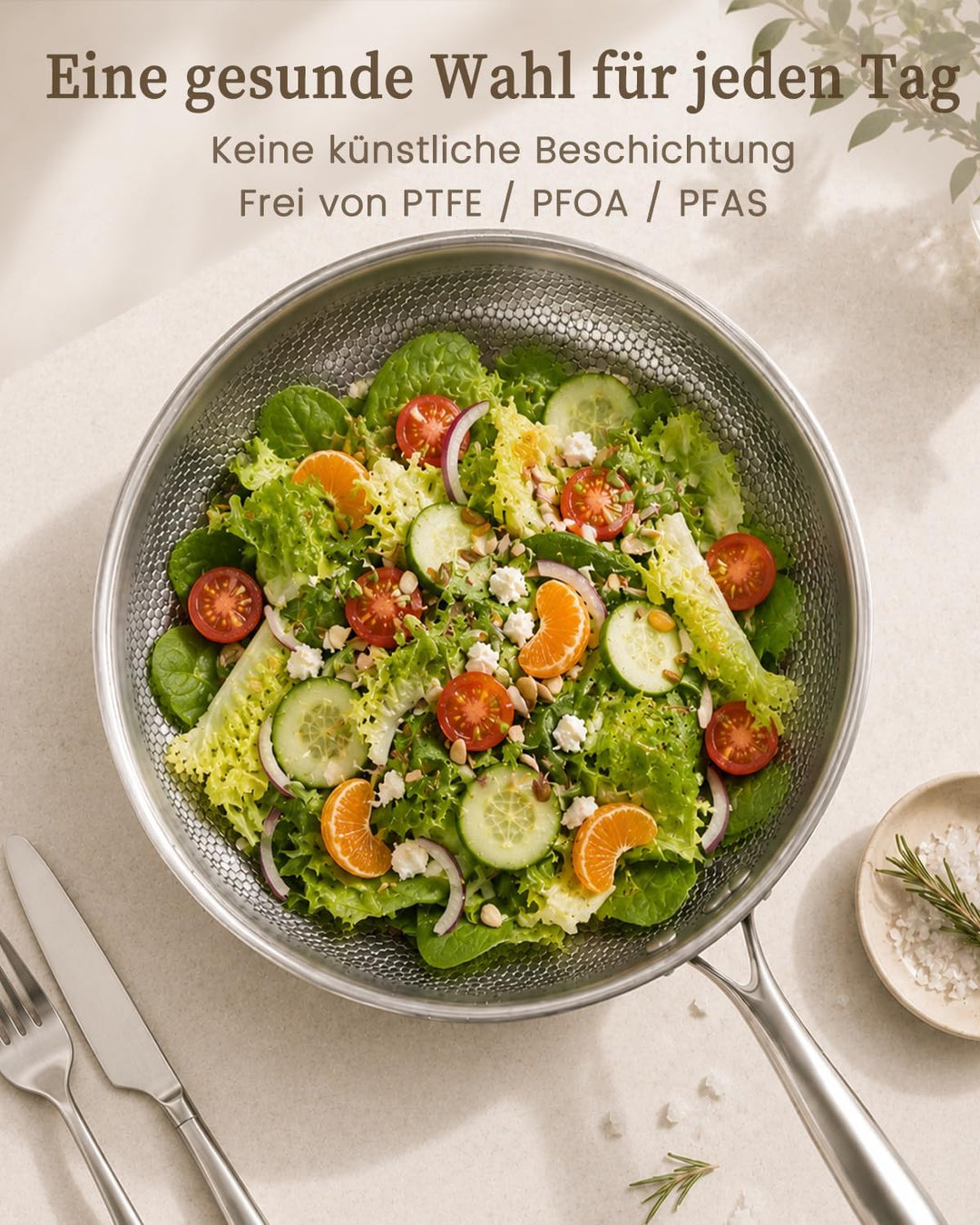 30cm Edelstahlpfanne Induktion, Titan Pfanne, 5-Lagige Konstruktion, 30CM