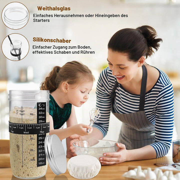 Sauerteig Starter Set, 730ML Fermentationsglas, Gärglas mit Silikonspatel, Sauerteig Glas, Brot Back