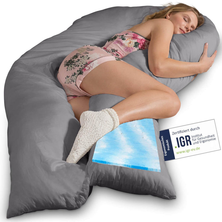 Traumreiter Seitenschläferkissen Visco XXL mit Bezug Baumwolle Grau, Wendekissen mit 1cm Memory Foam