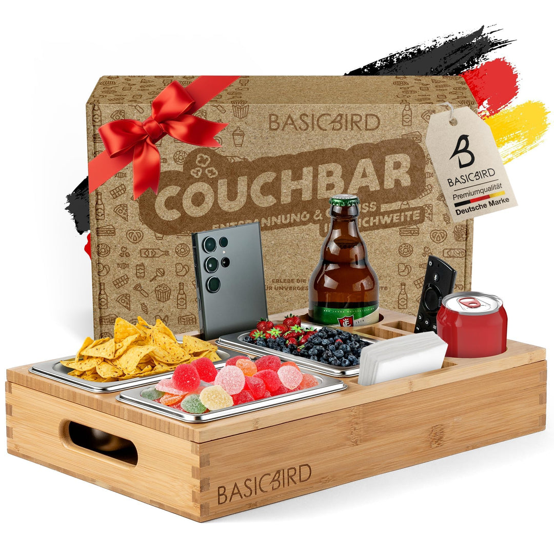 BASICBIRD® Couchbar Snackbox - Organizer Tablett- Snackspender mit 3X Snackschale - Holz Sofatablett