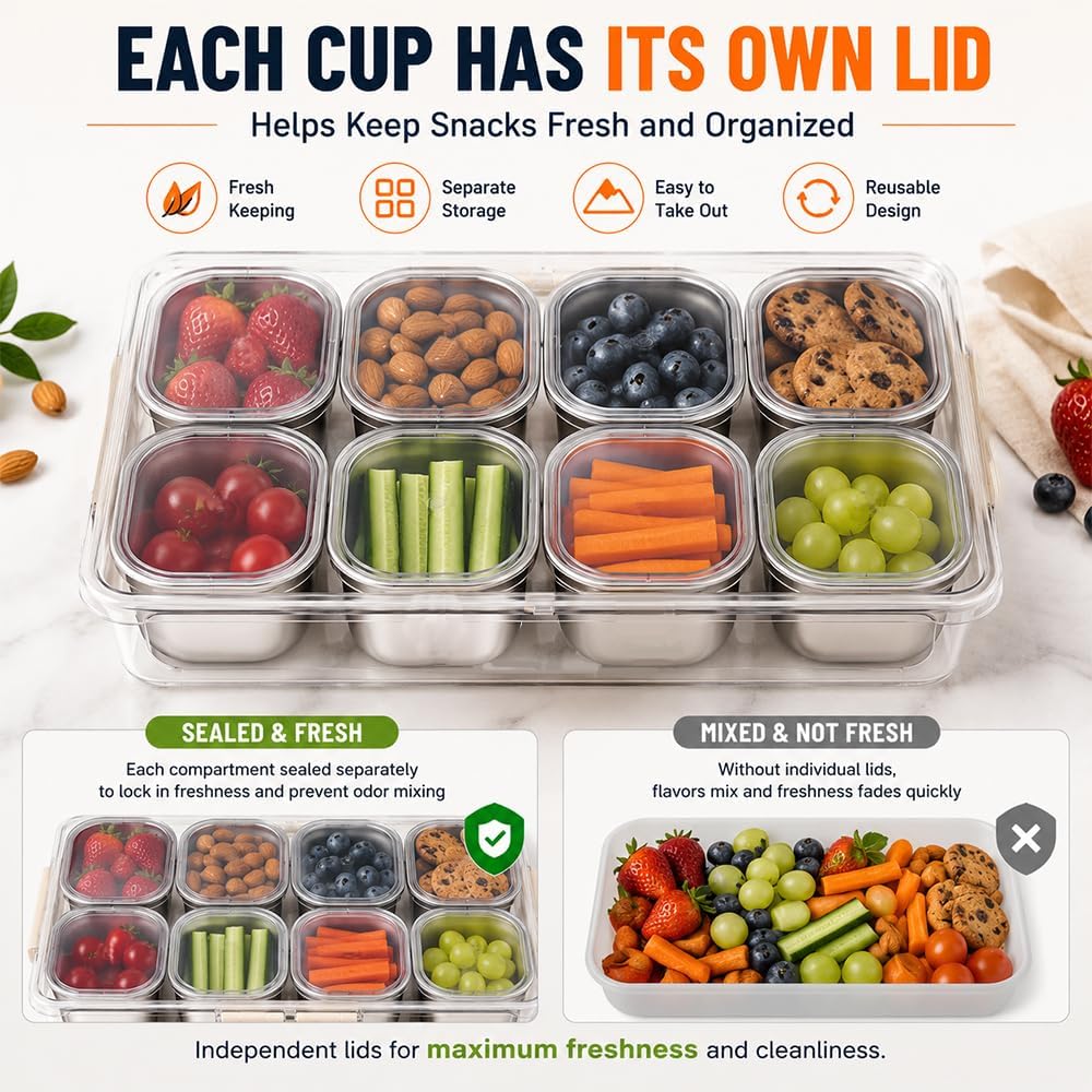 Snackbox Edelstahl mit 8 Fächern Snackteller mit Griff für Nüsse