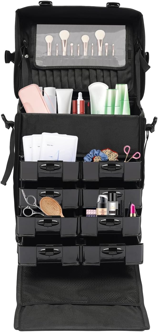 Kosmetikkoffer Friseurkoffer Trolley, Make-up Koffer mit 8 Schubladen und 360° Drehbare Rollen, Schm