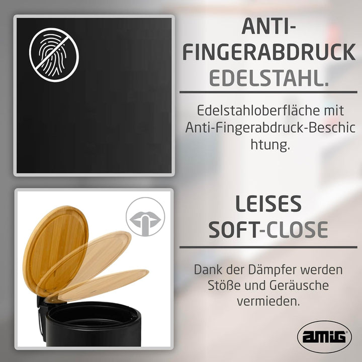 Amig - Kosmetikeimer mit Pedal 5L Naturline - Schwarz und Bambus - Hygienische Öffnung - Ø20 x 26 cm