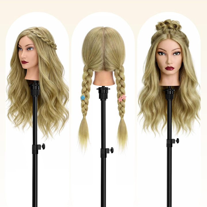 Frisierkopf Echthaar mit Ständer 80% 24inch Haar Mannequin Kopf mit Perückenständer Übungskopf Frise