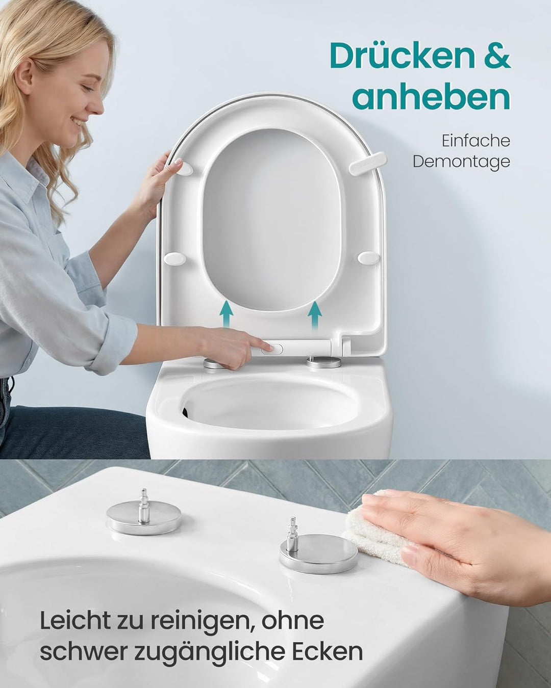 SONGMICS Toilettendeckel, kurze D-Form, mit Absenkautomatik, Griff, WC Sitz D-Form Kurze, D-Form Kur