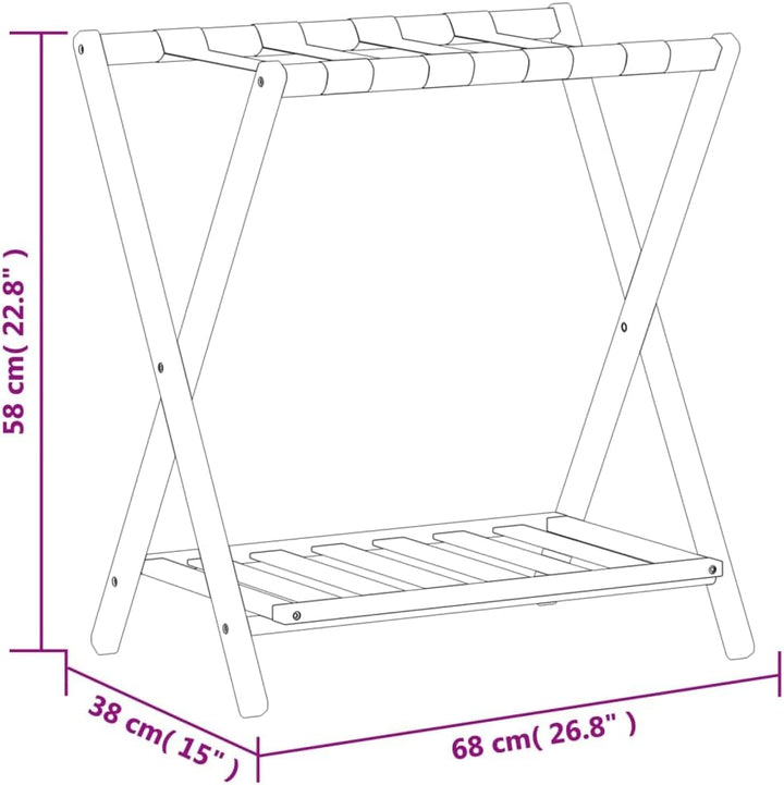 Gepäckablage Schwarz aus Bambus 68 x 38 x 58 cm, klappbarer Kofferständer mit zwei Ablagen für Hotel