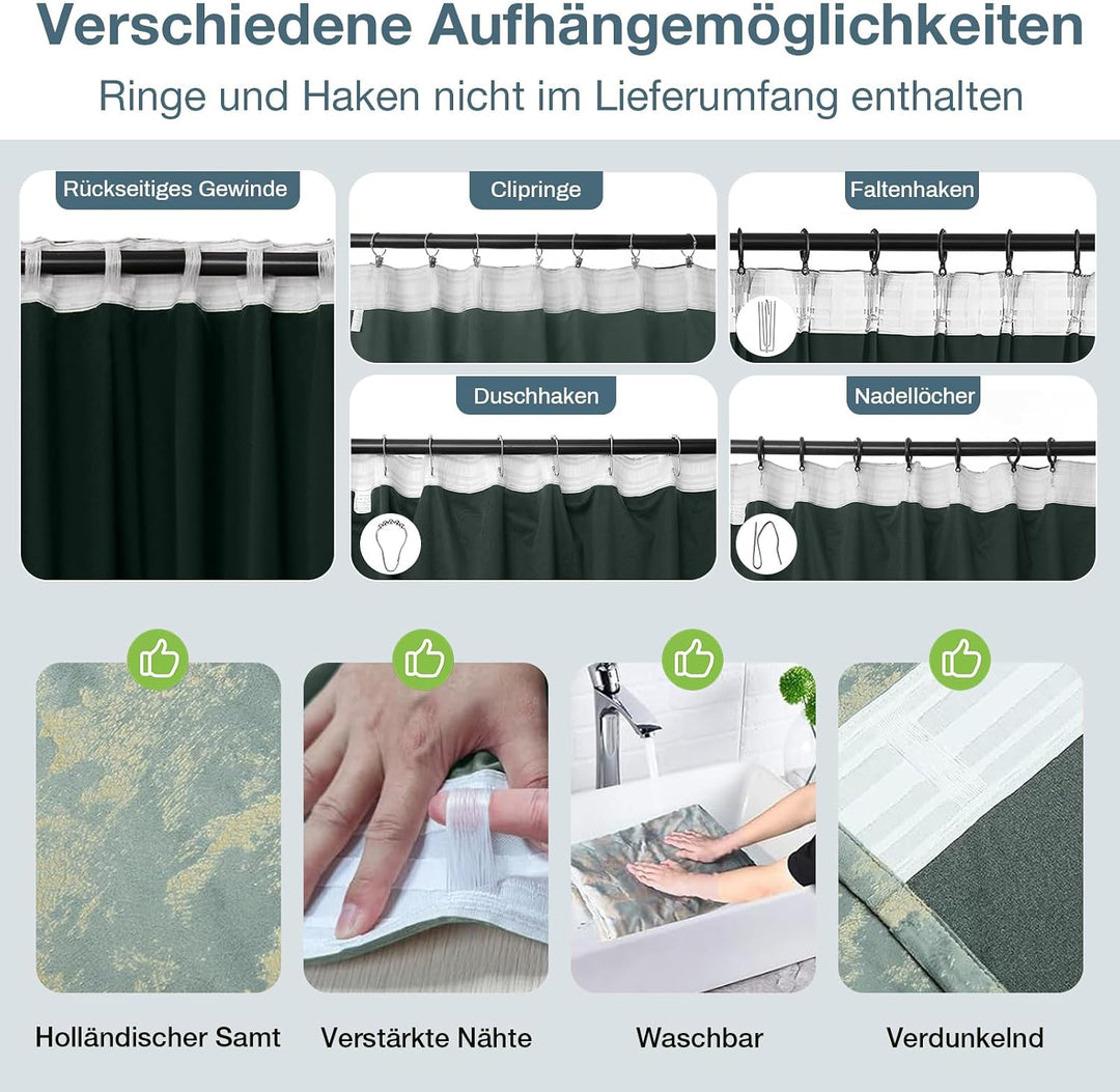 Rosnek Samtvorhang mit Kräuselband 2er Set, Golddruck, Wohnzimmer Schlafzimmer Verdunkelung Thermovo