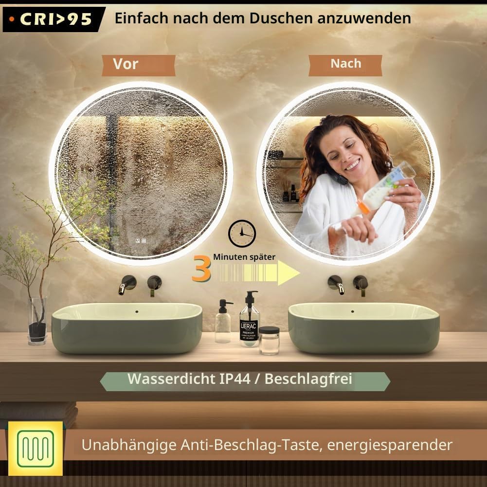 KWW Grosser Moderner LED Runder Badezimmer-Eitelkeitsspiegel, Farbtemperatur Einstellbar, Anti-Nebel