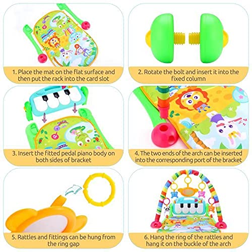 OHMG 3 IN 1 Piano-Gym Spieldecke,Krabbeldecke mit Musik und Lichtern,Spielmatte mit Spielbogen abneh