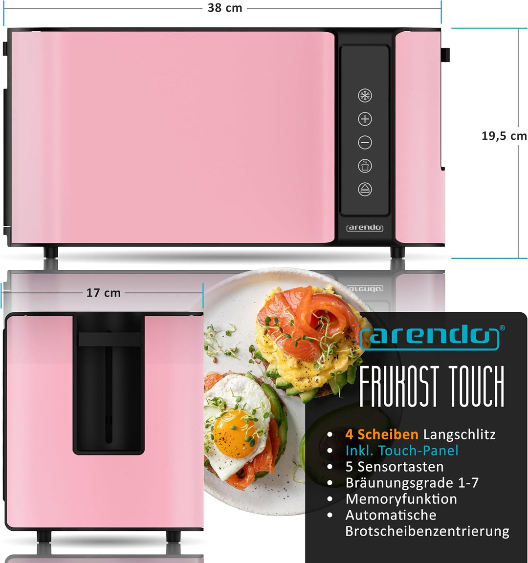 Arendo - Edelstahl Toaster Langschlitz 4 Scheiben - Touchscreen – Doppelwandgehäuse – 1500 W – Integ