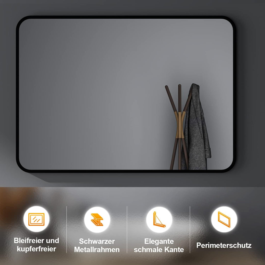 Spiegel Schwarz 40x60 cm Rechteckiger Wandspiegel Abgerundete Ecken Wandmontage Edelstahl Kosmetiksp