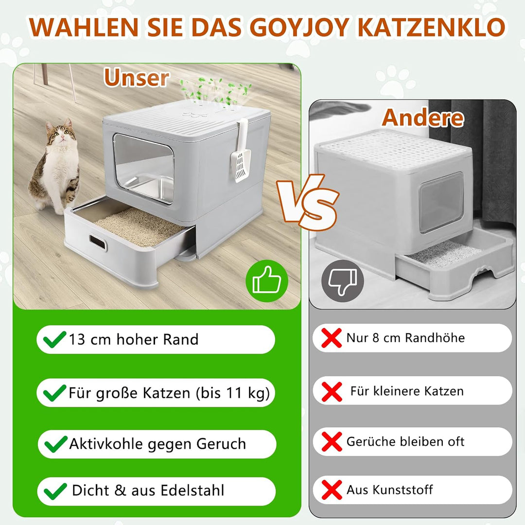 Edelstahl Katzenklo,Faltbare Katzentoilette XXL mit Deckel und Schublade,Geschlossenes Edelstahl Kat