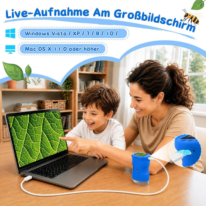 Digitales Mikroskop für Kinder 1000X, Abenteurer Mikroskop für Kinder mit 2 Zoll HD-Bildschirm, 8 LE